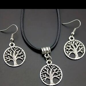 NEW 18K White GoldPlated Tree of Life Corded Necklace & Earrings Set